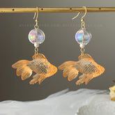 Goldfish and Bubble Dangle Earrings - fish earrings - Unique Dangle